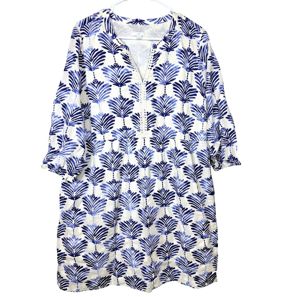 J. Jill Womens Dress Large Petite Blue White Palm Leaf Cotton Shift Lined Mini